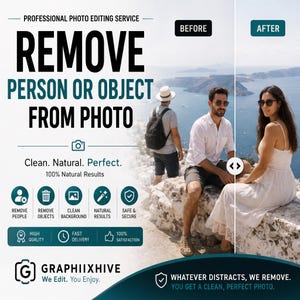 May include: A professional photo editing service advertisement featuring the text REMOVE PERSON OR OBJECT FROM PHOTO. The image displays a before and after comparison of a coastal scene, alongside icons for removing people, objects, and backgrounds.
