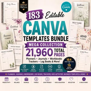 May include: A digital bundle of 183 editable Canva templates featuring 21,960 total pages. The collection includes various planners, journals, workbooks, trackers, and log books with floral and minimalist designs, plus icons for productivity and finance.