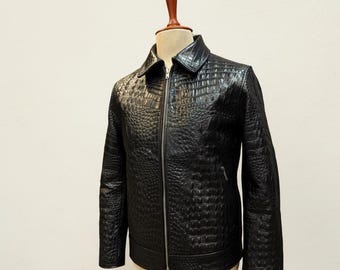 Men’s Black Leather Jacket – Handmade Crocodile Embossed Biker Luxury Genuine Leather Coat