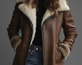Cappotto in montone marrone vintage - Giacca invernale lunga in pelle da donna
