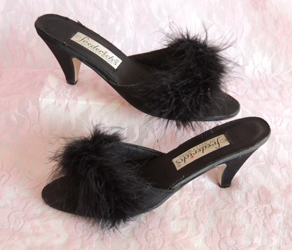 Vintage Black Satin Boudoir Slippers Peeptoes by F