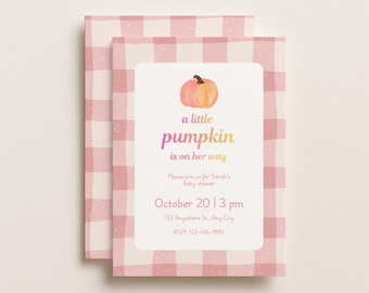 Pumpkin Baby Shower Invitation, Pink Gingham, Fall Theme (Digital Download)