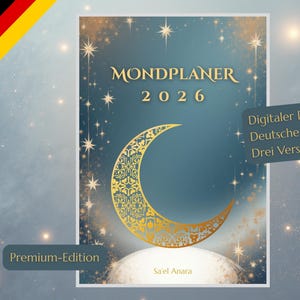 May include: A teal planner cover with a gold crescent moon design and the text "MONDPLANER 2026." Additional text includes "Digitaler Download," "Deutsche Ausgabe," and "Drei Versionen." The design features stars and a celestial theme.