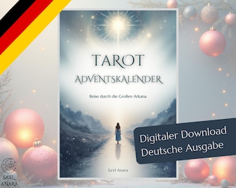 Peut inclure: Un calendrier de l'Avent tarot avec le texte "TAROT ADVENTSKALENDER" et "Reise durch die Großen Arkana". L'image présente une femme marchant vers une lumière vive, avec une étiquette de téléchargement numérique en allemand.