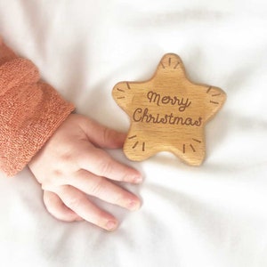 Christmas Organic Wood Star Rattle, PERSONALISED Baby Xmas Present, Australian Made Natural Wooden Toy, First Christmas, Baby Gift Keepsake image 1
