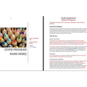 May include: A two-page spread from a handbook. The left page features a photo of colorful pencils and the text "(YOUR PROGRAM NAME HERE)". The right page contains text titled "Family Handbook for [Name of Program]" and other information.