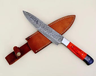 Handmade Damascus chef knife with red blue wood handle and stitched brown leather sheath