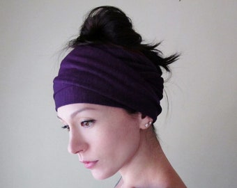 INDIGO PURPLE Jersey Head Scarf, Extra Wide Headband Scarf, Long Ecoshag Headwrap, Handmade Yoga Headscarf