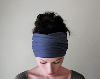 DARK PERIWINKLE BLUE Headwrap, Extra Wide Headband Scarf, Non Slip Hair Wrap, Jersey Fabric Head Scarf