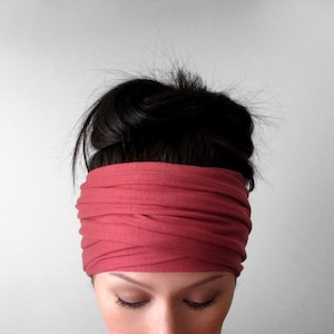RHUBARB Head Scarf, Reddish Pink EcoShag Head Wrap, Extra Wide Headscarf, Jersey Hair Wrap for Dreads, Papaya Red Head Covering Alopecia