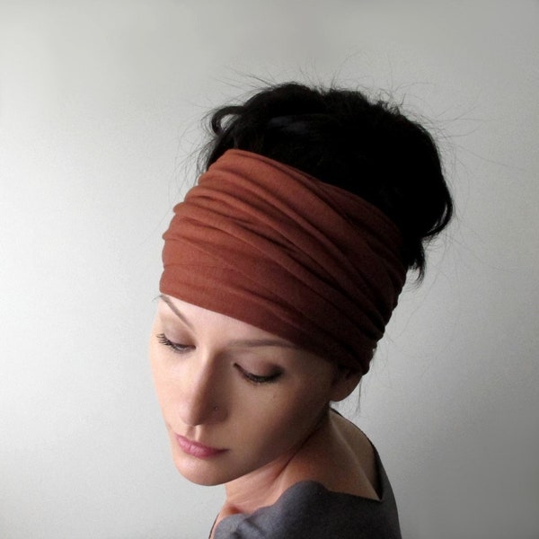 CINNAMON STICK Headscarf, EcoShag Unisex Head Wrap, Extra Wide Head Scarf, Jersey Headscarf, Rust Brown Adjustable Headband for Women Men