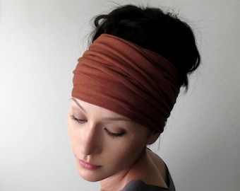 CINNAMON STICK Headscarf, EcoShag Unisex Head Wrap, Extra Wide Head Scarf, Jersey Headscarf, Rust Brown Adjustable Headband for Women Men