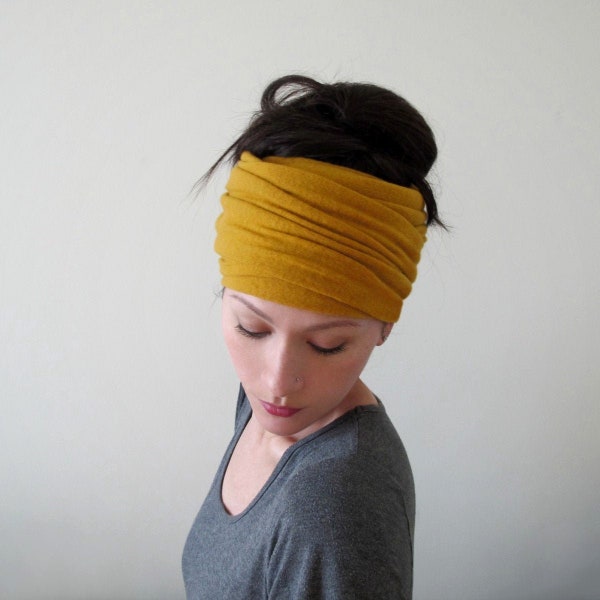 SAFFRON YELLOW Head Scarf, EcoShag Dark Mustard Yellow Head Wrap, Ear Warmer, Soft Brushed Jersey, Thick Sweater Knit Headscarf