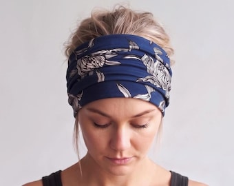 Wide Jersey Headband, Navy Blue Floral Headband, Handmade Abstract Botanical Headband, Scrunch Yoga Headband