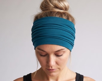 Wide Jersey Headband, Handmade Yoga Headband, Super Soft Scrunch Headband, Teal Yoga Headband