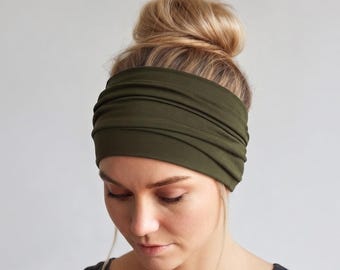 Extra Wide Stretch Headband, Ecoshag Yoga Headband, Stretchy Jersey Headband, Handmade Olive Green Scrunch Hairband