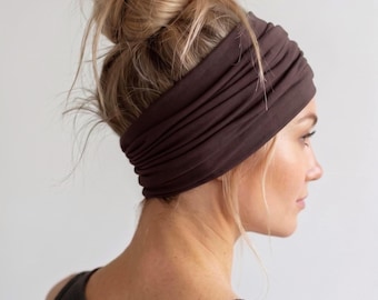 Extra Wide Stretch Headband,  Soft Jersey Headband, Yoga Headband, Brown Scrunch Headband