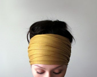 HONEY GOLD Headscarf, Extra Wide Headwraps for Women, Handmade Soft Jersey Hair Scarf, Golden Yellow Head Scarf