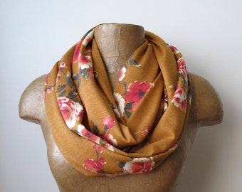 OCHRE FLORAL Infinity Scarf, EcoShag Vintage Print Scarf, Dark Mustard Yellow Circle Scarf, Infinity Loop Scarf