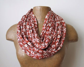 PETITE DAISIES FLORAL Infinity Scarf, EcoShag Jersey Scarf, Handmade Burnt Orange Circle Scarf, Lightweight Loop Scarf