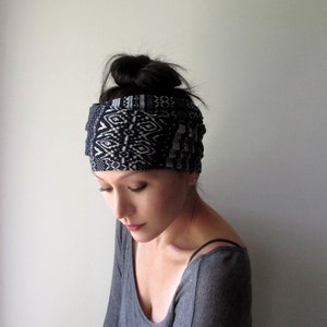 FAIR ISLE Head Wrap, Black and White Head Scarf, EcoShag Ear Warmer, Extra Wide Sweater Knit Head Wrap for Women, Fair Isle Print Scarf