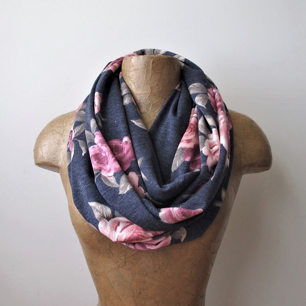 GRAY FLORAL Infinity Scarf, EcoShag Jersey Scarf, Blue Grey Jersey Circle Scarf, Lightweight Infinity Loop Scarf