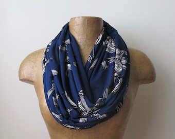 NAVY BLUE FILIGREE Infinity Scarf, EcoShag Navy Blue Floral Print Jersey Tube Scarf, Handmade Circle Scarf, Lightweight Loop Scarf