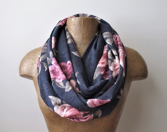 GRAY FLORAL Infinity Scarf, EcoShag Jersey Scarf, Blue Grey Jersey Circle Scarf, Lightweight Infinity Loop Scarf