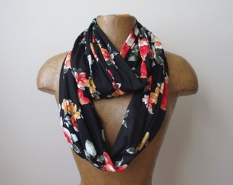 BLACK FLORAL Infinity Scarf, EcoShag Floral Print Jersey Tube Scarf, Handmade Circle Scarf, Lightweight Loop Scarf