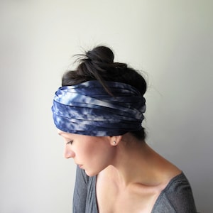 BLUE Tie Dye Head Scarf, Hand Dyed Jersey Head Wrap, Extra Wide Headbands for Women Teen Girls, Blue Jersey Hair Wrap, Adjustable Headband