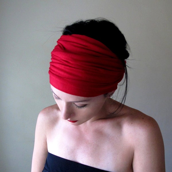 LIPSTICK RED Head Scarf, EcoShag Extra Wide Head Wrap, Scarlet Red Jersey Head Wrap, Adjustable Headbands for Women, Hair Scarf for Women