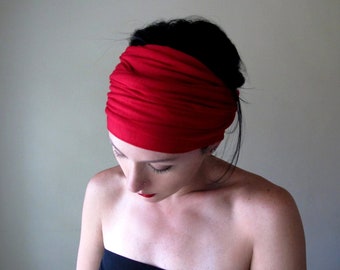 LIPSTICK RED Head Scarf, EcoShag Extra Wide Head Wrap, Scarlet Red Jersey Head Wrap, Adjustable Headbands for Women, Hair Scarf for Women