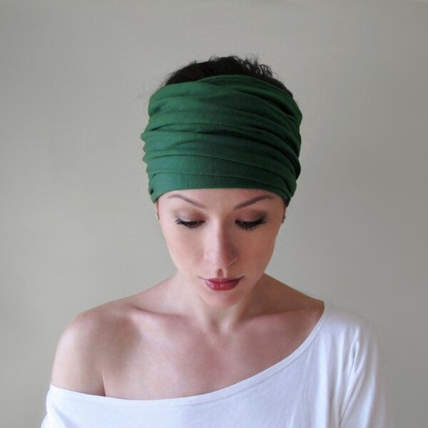GROENE Hoofd wrap, EcoShag hoofdbanden voor vrouwen, pine groene hoofd sjaal, boho hoofd sjaal, verstelbare boho hoofd wrap, groene gebreide hoofd sjaal