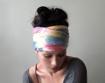 RAINBOW TIE DYE Head Scarf, EcoShag Pastel Tie Dye Head Wrap, Multicolor Jersey Headscarf, Extra Wide Head Scarves for Women