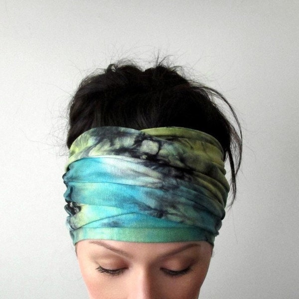 SEA GREEN Tie Dye  Head Scarf, EcoShag Head Wrap, Chartreuse Headscarf, Extra Wide Head Scarf for Women, Dreadlocks Wrap, Dread Locks Scarf