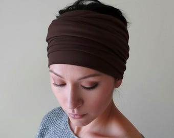 CLASSIC BROWN Extra Wide Headband Scarf, Ecoshag Soft Jersey Head Scarf, Handmade Headwraps for Women