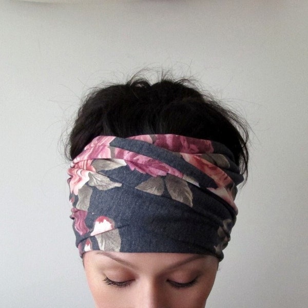 GRAY FLORAL Head Scarf, EcoShag Head Wrap, Extra Wide Jersey Headscarf, Pink Mauve Floral Headwrap, Floral Headbands for Women Teen Girls