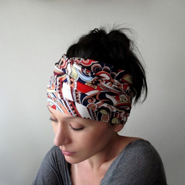 1970's RETRO PRINT Head Scarf, EcoShag Jersey Head Wraps for Women, Extra Wide Headscarf, Retro Pattern Hair Scarf for Women Teen Girls