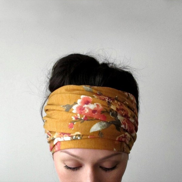 OCHRE FLORAL Head Scarf, EcoShag Head Wraps, Dark Mustard Yellow Headscarf, Extra Wide Hair Wrap, Dreadlocks Wrap, Dread Locks Headscarf