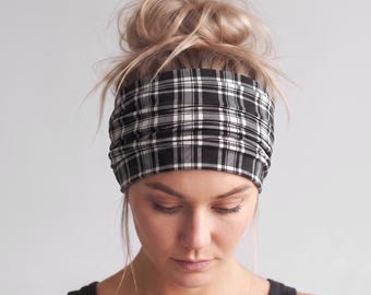 Extra Wide Plaid Headband, Super Soft Jersey Headband, Yoga Headband, Black and White Scrunch Headband