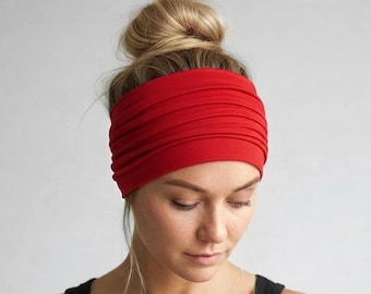 Wide Stretchy Headband, Soft Jersey Headband, Handmade Yoga Headband, Red Scrunch Headband