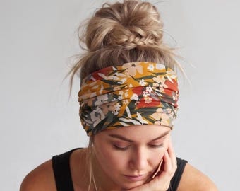 Wide Jersey Headband, Tropical Floral Headband, Handmade Ecoshag Abstract Botanical Headband, Scrunch Yoga Headband