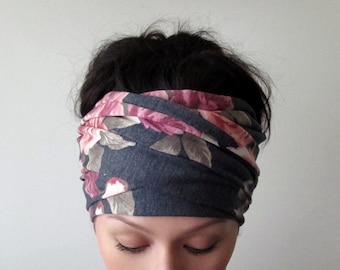 GRAY FLORAL Head Scarf - Soft Jersey Knit Head Wrap - Extra Long Floral Hair Scarf