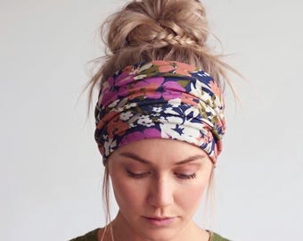 Wide Jersey Headband, Handmade Botanical Print Headband, Abstract Floral Headband, Scrunch Yoga Headband