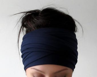 DARK NAVY BLUE Extra Wide Headband Scarf, Jersey Headscarf for Women, Non Slip Hair Scarf