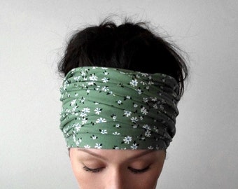 GREEN FLORAL Head Scarf, EcoShag Head Wraps for Women, Extra Wide Sweet Green Head Scarf, Daisy Headscarf, Head Scarves Women Teen Girls