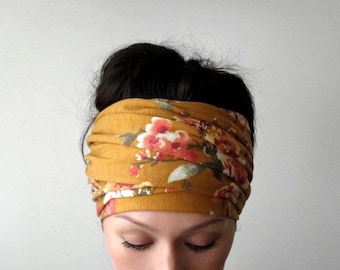 OCHRE FLORAL Head Scarf, EcoShag Head Wraps, Dark Mustard Yellow Headscarf, Extra Wide Hair Wrap, Dreadlocks Wrap, Dread Locks Headscarf