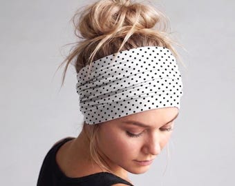 Extra Wide POLKA DOT Jersey Headband, Ecoshag Stretch Yoga Headband, Handmade Super Soft Headband
