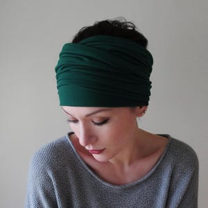 FOREST GREEN Extra Wide Headscarf, Ecoshag Stretch Jersey Hair Scarf, Yoga Headwrap, Handmade Long Head Scarf