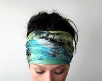 SEA GREEN Tie Dye  Head Scarf, EcoShag Head Wrap, Chartreuse Headscarf, Extra Wide Head Scarf for Women, Dreadlocks Wrap, Dread Locks Scarf